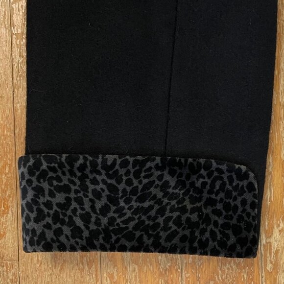Vintage Leopard Velvet Trim Wool Coat Size Medium 80s Black Felted Overcoat - Picture 3 of 7